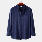 Chemise couleur unie en coton lin manches longues pour homme col montant - bleu marine