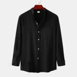 Chemise couleur unie en coton lin manches longues pour homme col montant - noir - insfity - regular