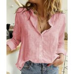 Chemises lgantes en coton et lin pour femmes  manches longues dcontract rose