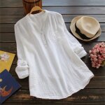 Chemise femmes coton lin col en v chic simple haut manche longue tops tunique - blanc nystore Chemise femmes coton lin col en v chic simple haut manche longue tops tunique - blanc nystore