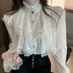 Chemise femme chemise en mousseline  col montant chemise en dentelle  manches longues haut vintage ...