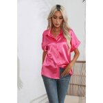 Chemise femme en satin manches courtes col v chemise soie ete regular fit confortable couleur unie - ...