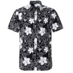 Chemise hawa�enne hommes coton � manches courtes avec imprim� fleur blanche - noir