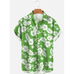 Chemise hawa�enne homme �t� vert grande taille imprime � fleur col revers manches courtes