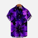 Chemise hawaïenne homme à fleur grande taille imprimée à manches courtes une poche - violet Chemise hawaïenne homme à fleur grande taille imprimée à manches courtes une poche - violet