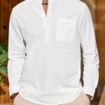 Chemise henley en coton et lin pour hommes - vitata - regular - manches longues - blanc - haut de plage ...