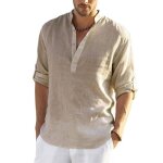 Chemise homme blanche lin et casual slim fit col en v manche longue couleurs pures chemise de affaires ...