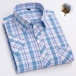 Chemise homme  carreau casual manches courtes 100%coton sans repassage - bleu - insfity - regular - ...
