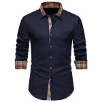 Chemise homme carreaux col classique printemps automne manches longues fashion - bleu marine