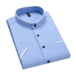Chemise homme col mao manches courtes chemisette slim fit ete couleur unie tissu confortable - bleu clair ...
