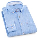 Chemise homme en coton et lin col revers manches longues avec poche poitrine couleur unie - bleu