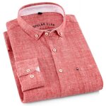 Chemise homme en coton et lin col revers manches longues avec poche poitrine couleur unie - rouge