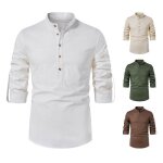 Chemise homme en coton lin respirante col montant manches longues - insfity - blanc