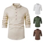 Chemise homme en coton lin respirante col montant manches longues - insfity - kaki