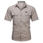 Chemise homme ete pur coton manches courtes chemise cargo avec poches couleur unie - beige