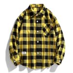 Chemise homme - femme carreaux manches longues grande taille col revers - jaune