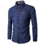 Chemise homme en jean manches longues col rabattu slim fit printemps - bleu fonce - insfity - slim - ...