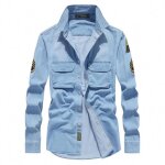 Chemise homme en jeans manches longues avec poches couleur unie pour printemps et automne - bleu clair ...