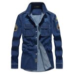 Chemise homme en jeans manches longues avec poches couleur unie pour printemps et automne - bleu fonce ...