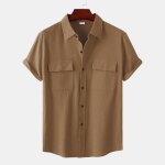 Chemise homme en lin t respirante couleur unie manches courtes confort regular - kaki