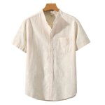Chemise homme lin manches courtes col mao avec poche poitrine casual chemise respirante regular fit couleur ...