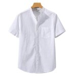 Chemise homme lin manches courtes col mao avec poche poitrine casual chemise respirante regular fit couleur ...