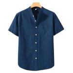 Chemise homme lin manches courtes col mao avec poche poitrine casual chemise respirante regular fit couleur ...