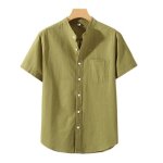 Chemise homme lin manches courtes col mao avec poche poitrine casual chemise respirante regular fit couleur ...