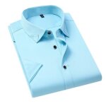 Chemise homme slim fit manches courtes chemisette ete col carr� couleur unie - bleu clair