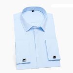 Chemise homme slim  poignet mousquetaire classique sans repassage chemise unie manche longue - bleu