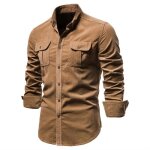 Chemise homme velours côtelé automno 100% coton slim fit couleur unie business - brun Chemise homme velours côtelé automno 100% coton slim fit couleur unie business - brun