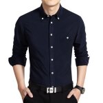 Chemise homme en velours ctel bleu marine - coupe slim - col roul - manches longues
