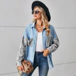 Chemise en jean femme imprim lopard bicolore manches longues mode - bleu