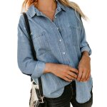 Chemise en jean pour femme manches longues avec poches casual chemise denim regular fit confortable - ...