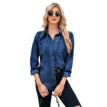 Chemise en jeans femme manches longues regular fit casual chemise denim avec poches effet dlav - bleu ...