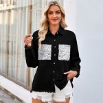 Chemise en jean femme paillettes poches manches longues relaxed fit casual - insfity - noir Chemise en jean femme paillettes poches manches longues relaxed fit casual - insfity - noir
