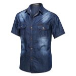 Chemise en jeans homme manches courtes avec poches chemise coton couleur unie - bleu fonce