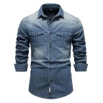 Chemise en jeans homme rayures slim fit manches longues casual chemise avec poches effet us� et d�lav� ...