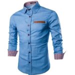 Chemise en jean slim pour homme funmoon - bleu clair - col chemise - manches longues