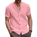 Chemise lin homme - autrement - slim - manches courtes - rose - col mao