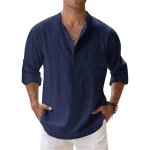 Chemise en lin pour homme - marine - manches longues - coupe slim Chemise en lin pour homme - marine - manches longues - coupe slim