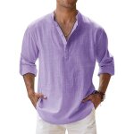 Chemise en lin homme - violet - manches longues - col mao - coupe slim