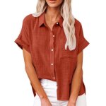 Chemise manches courtes femme en coton lin respirante couleur unie casual - orange rouge - insfity - ...
