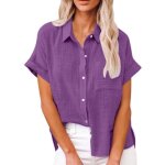 Chemise manches courtes femme en coton lin respirante couleur unie casual - violet - insfity - mp197680514 ...