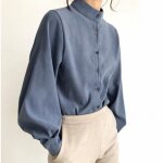Chemise à manches longues pour femmes chemise à manches ballon chemise vintage unie à col montant hauts ... Chemise à manches longues pour femmes chemise à manches ballon chemise vintage unie à col montant hauts ...