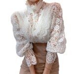 Chemise à manches longues - femme - blanc - col montant - dentelle - manches bouffantes Chemise à manches longues - femme - blanc - col montant - dentelle - manches bouffantes