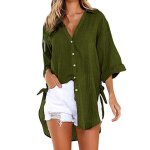 Chemises  manches longues - femme - tunique en coton et lin - vert - col chemise - regular