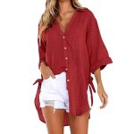 Chemises  manches longues pour femmes en coton et lin tunique  boutons rose