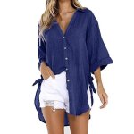 Chemises  manches longues - femme - tunique en coton et lin - bleu - col chemise - coupe regular