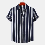 Chemise rayure homme en coton ete manches courtes col chemise - bleu marine